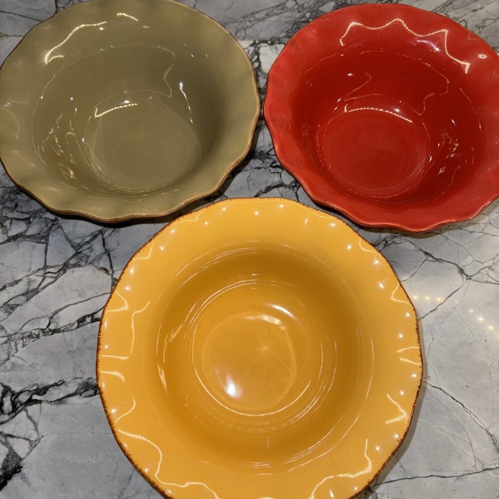 Village Collection Park Designs 10” Serving Bowls Lot Of 3 Green Yellow Red